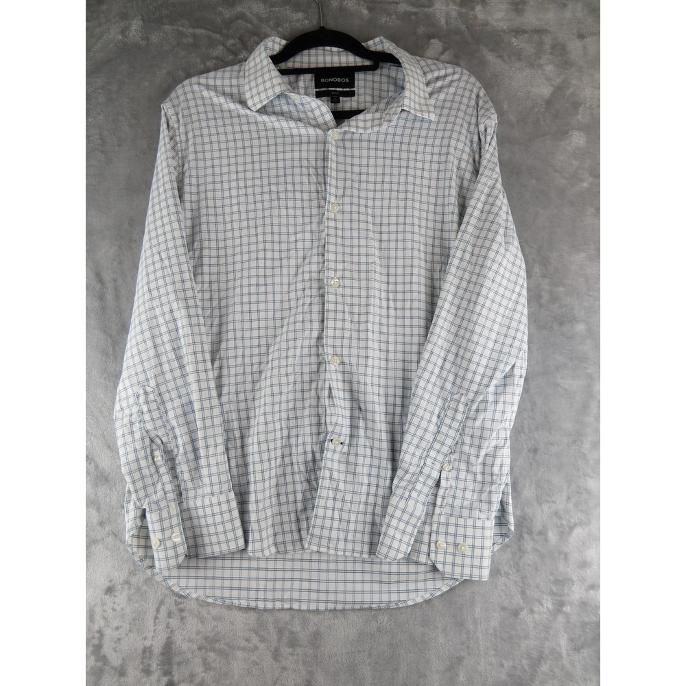 Bonobos Mens L Slim Fit Short Sleeve Plaid Button Down Shirt‎ White Blue